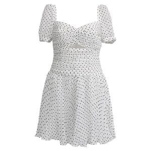 Self-Portrait Flocked Polka Dot Printed Mini Dress in White Polyester